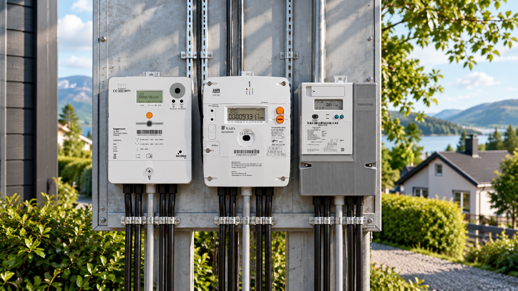 P1, HAN, and Kamstrup OMNIPOWER electricity meters mounted side by side